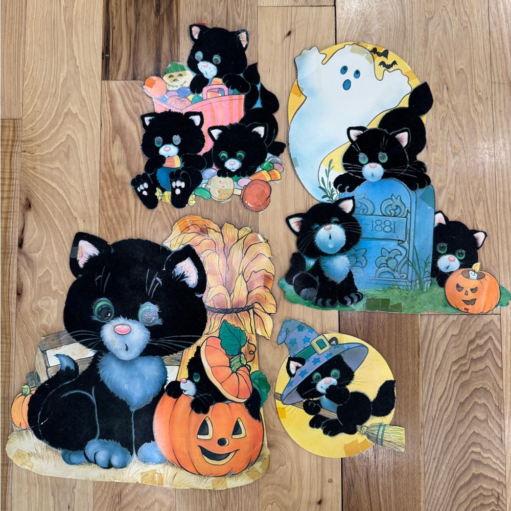 1970’s Vintage Halloween Velvet Black Cat Cutout Decorations Set of 4